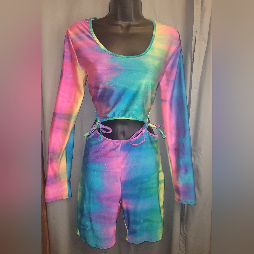 Multicolored tie-dye long sleeve two-piece romper. NWT.